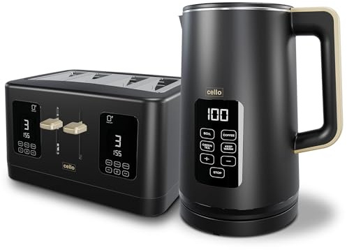 Black 1600W 4 Slice Toaster, 1.7L 3000W Digital Kettle | Toaster with Detachable Crumb Tray, Digital Control Panel with Countdown Timer, BPA-Free Auto Shut-off Electric Temperature Control Kettle