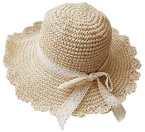 Kids Womens Crochet Straw Beach Sun Hats Ladies Girls UV Protection Large Wide Brim Floppy Golf Cap Bow Lace Sun Shade Visor UPF 50+ Packable Summer Outdoor Bucket Hat Beige