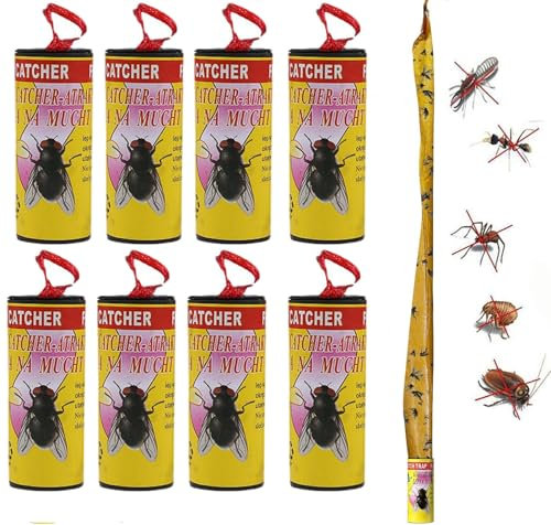 Fly Paper, Flies Strips Hanging, Sticky Flying Ribbons Indoor Outdoor, Fly Catcher for Flies, Mosquito, Gnats, Moths, Flying Insects, Flies Traps Used in House, Kitchen, Bullpen, Stable, Pasture (8)