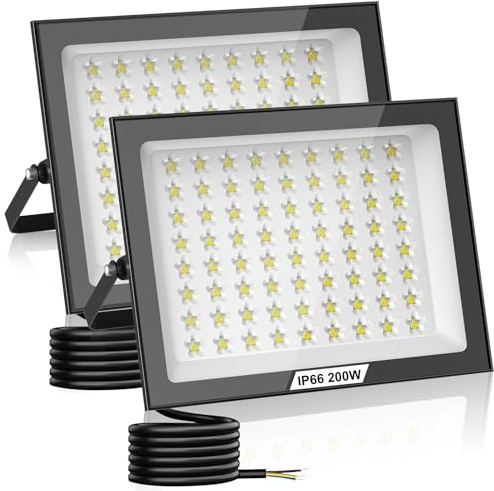 Hondony 2 Stück 200W LED Strahler Außen, 6500K LED Fluter Flutlicht, IP66 Wasserfest Scheinwerfer Aussenstrahler, tageslichtweiße Wasserdicht Außenstrahler für Garten, Innenhöfe, Garage
