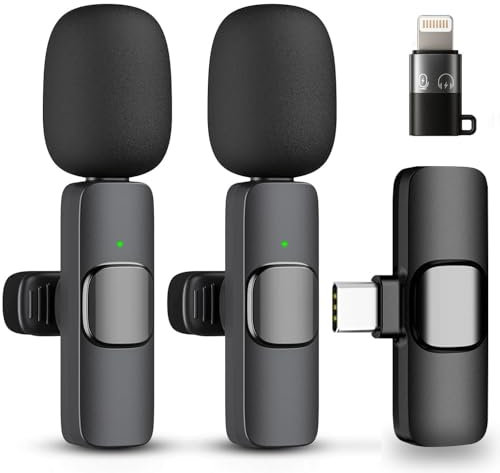 GLOBAL TECH Microfoni Lavalier wireless per iPhone, telefoni Android, iPad, confezione da 2 mini microfoni wireless a clip per registrazione video, podcast, vlogging, Youtube, live streaming