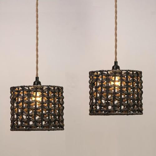 LIGKIN 2PCS Lustre Suspension en Paille Tissé à La Main E27 Lampe Suspendue Industrielle Rétro Style Abat-jour en Rotin Luminaire Plafonnier Déco pour Salle à Manger Salon Cuisine, Ø24cm