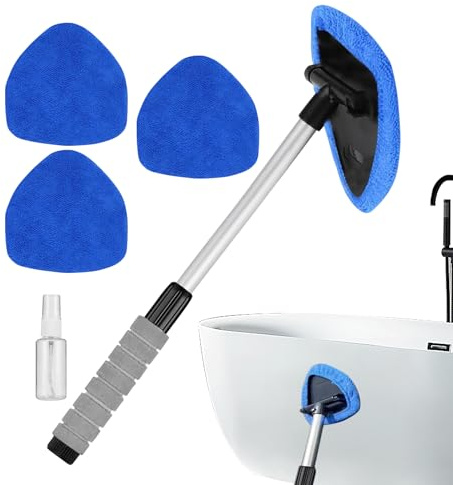 Window Cleaner – Auto Glass Mop, Retractable Cleaning Tool | 6PCS Windshield Wiper Set With Bottle, Microfiber Defogger With Long Handle, Curved Head Mop With Cloth Refills for Car Interior,