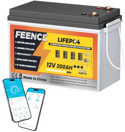 FEENCE 12V 200Ah Selbsterwärmung LiFePO4 Lithium Batterie, Lithium Batterie 200Ah mit 200A BMS 2560Wh Energy & 2560kwh Output, Niedrigtemperaturschutz, Perfekte für Wohnmobil, RV