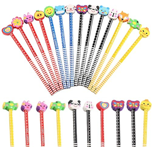 24 Pcs Pencils with Rubbers, Fun Wooden Pencils with Eraser, Writing Drawing Pencil, Graphite Handwriting Pencil Gifts for Kids, School, Student, Home