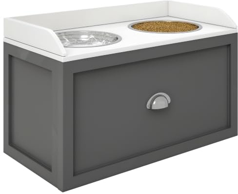 PawHut Ciotole per Cani Rialzate in Acciaio Inox 60x30x36 cm Grigio | Portaciotole per Cani Grande in Legno, Cassetto Portaoggetti