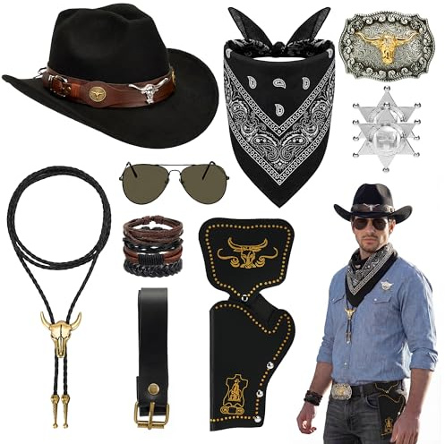 10Pcs Western Cowboy Fancy Dress Accessories Set for Men Hippie Disco Party
