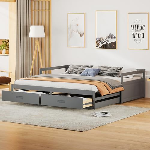 HaoChrymec Sofá Cama Extensible 90/180 x 200 cm de Madera de Pino con Cajones de Almacenaje, Cama Individual Convertible en Cama Doble con Somier, Cama para Dormitorio y Habitación Infantil, Gris