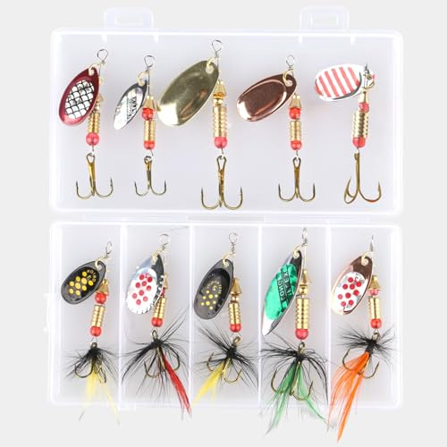 10Pcs Spinner Bait Set, Multi Colored Metal Fishing Spinners Fishing Lures Set Long Casting Vibration Spinner Blade Lures with Box for Sea Trout Perch Pike Chub Trout Salmon Predator Fishing