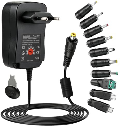30W Cargador Universal AC/DC 220V 230V Adaptador de Corriente USB 3V-12 V | Alimentación Multivoltaje con 10 Puntas Para PC Portátil, Router, Tira LED y Electrónica Doméstica
