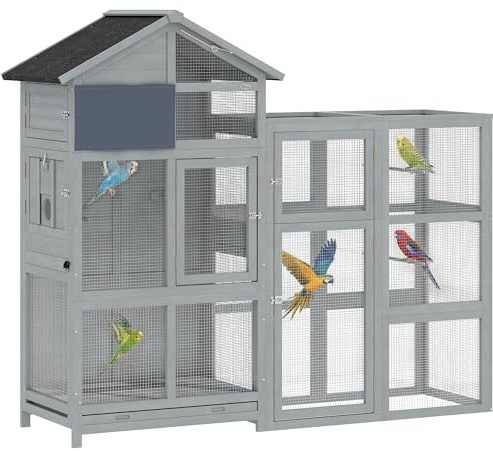 PawHut Voliere Vogelvoliere aus Holz mit Erweiterung 6 Sitzstangen 7 Türen Ablagefach Vogelkäfig mit herausziehbarer Schublade Edelstahlnäpfen Vogelhaus für Finken Wellensittiche Grau 196x60x164,5cm