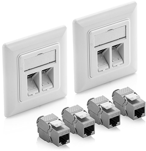 deleyCON 2x Prises Réseau RJ45 Encastrables 10 Gbit/s Keystone (2x Boîtiers + 4x Keystones) - Prise RJ45 Cat6a - pour Câbles Cat6/Cat7 Gigabit - Entièrement Blindé - Blanc