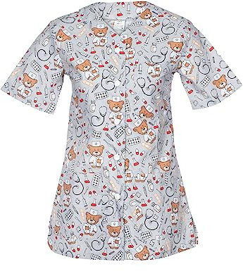 DINOZAVR Carla Uniforme Medica - Medico Casacca da Donna con Bottoni a Pressione - Orsi/Grigio M
