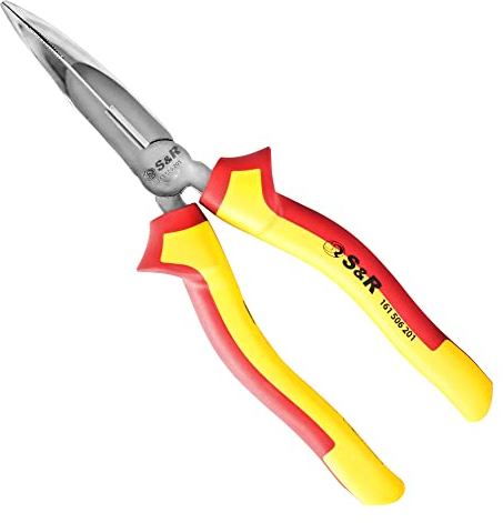 S&R VDE Bent Nose Pliers, 200 mm, Curved Jaws, Long Nose Pliers, Heat and Induction Hardened for Professional use, Hardness HRC 66, 2-Component Handles with Slip Protection, Stork Beak
