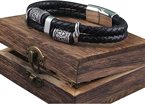 ZFSBRTL Pulsera de Cuero Trenzado Las Runas Vegvisir, Amuleto Brújula Celta Nórdica Joyería Hebilla Magnética Brazalete Caja de Madera,21.5cm