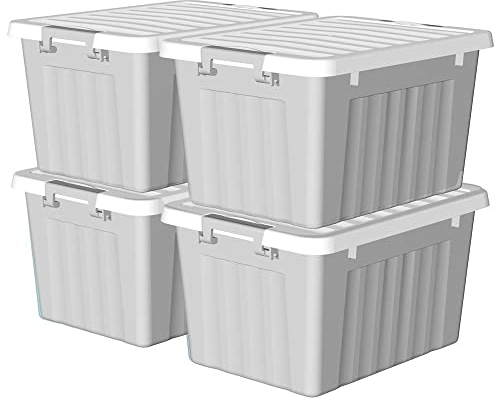 Cetomo 15L*4 Scatole di Stoccaggio con Coperchi, Contenitori in Plastica con Fibbie di Chiusura, Clip On, Impilabili, Incastonabili, Organizzatore a Righe per Casa Ufficio, Grigio, 15L-4 Pezzi