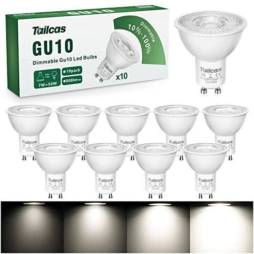 Dimmbar GU10 LED Lampe, GU10 led Glühbirne7W Ersetzt 50W Halogenlampe, 6000K Kaltweiß Spotlight Birne 500 lumen, 38° Abstrahlwinkel Strahler Spot Dimmbar, 10 Stück