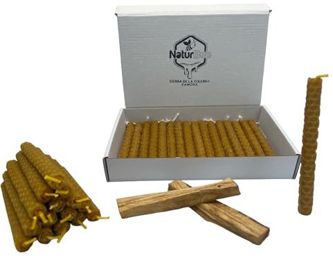 25 Velas de Miel de Abeja + Palo Santo para Rituales 100% Natural Cera Pura(25 Velas 11,5 cm x .1 cm aprox. y 2 Palo Santo) - Hechas a Mano - Origen España Sierra de La Culebra Zamora - SIN PARAFINA