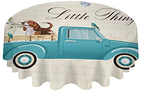 Mantel Redondo 152cm Camión Azul con Perro Granja Animal Mariposa Papel De Carta Retro Cubierta De Mesa Borrable Hule Simple Mantel De Hule para Mesa Comedor Decoración