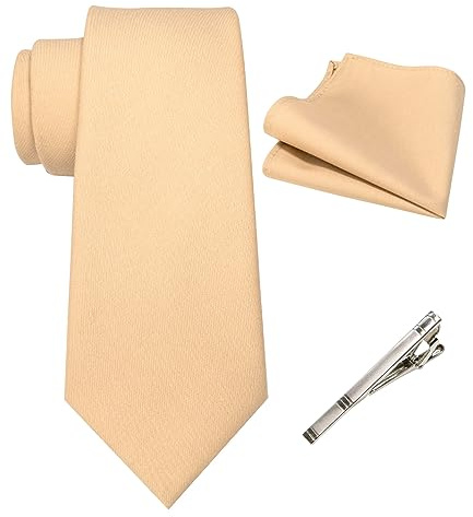 JEMYGINS Herren Retro Baumwollmischung Krawatte mit Einstecktuch und Krawattenklammer Set,Champagner Gold