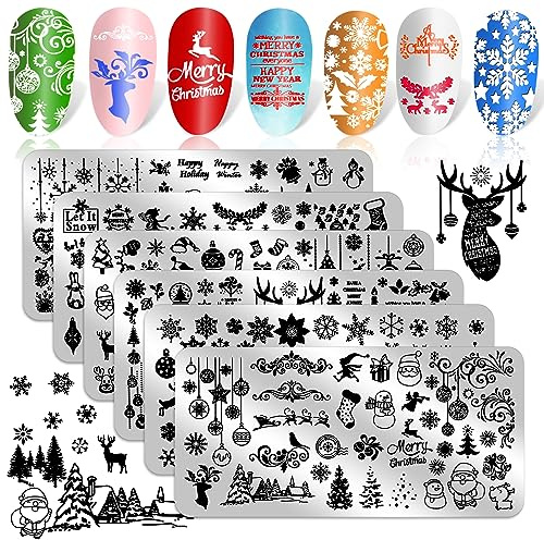 JSRQT 6 Piezas Plantillas de Arte de Uñas, Navidad Placas de Estampado para Uñas, Copo de nieve Árbol de Navidad Sombrero de Santa Alce Diseño, Placas para Uñas para Decorar Manicura Artística DIY