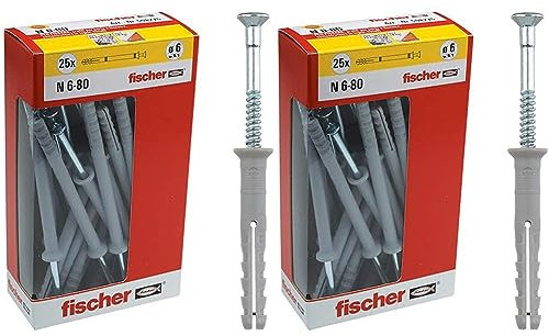 Fischer 508275 Tasselli prolungati a Battere N 6x80 Y, Fissaggio a percussione con chiodo premontato per Pieno, semipieno e calcestruzzo, 25 Pezzi per Confezione, Grigio, 6X80 MM (Confezione da 2)