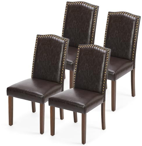 DUMOS Dining Chairs Set of 4, Modern PU Leather Kitchen Table Chairs with Wooden Legs and Padded Seat for Dining Room/Kitchen/Living Room/Restaurant, Brown