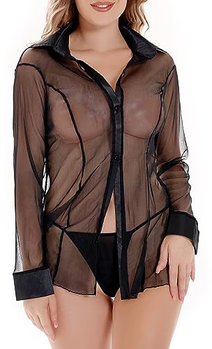 GEPAS Charmnight Sexy Lingerie for Women Sheer Blouse Long Sleeve Top