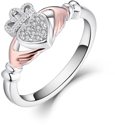 Old English Jewellers 925 Sterling Silver & Rose Gold CZ Claddagh Irish Celtic Ring size J K L M N O P Q R S - Love Loyalty & Friendship