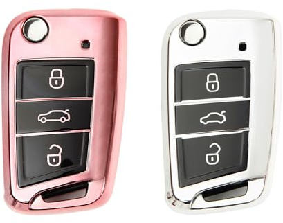 2 Stück Autoschlüssel Hülle, Schlüsselbox ,Autoschlüssel Schutzhülle kompatibel mit VW Golf 7、Polo、Tiguan、Skoda 3-Tasten Schlüsselhülle (Roségold + Silber)