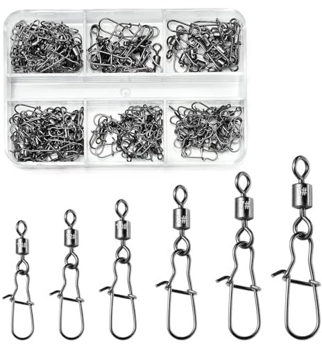VEPEPE 100/200 Stück Rollende Angel Wirbel mit Karabiner Edelstahl, Angel Karabiner mit Wirbel, Forellen Angeln Wirbelkarabiner für Fischköder Angelzubehör 6# 7# 8# 10# 12# 14#