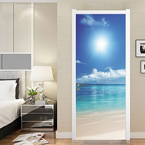 Türtapete Selbstklebend Strand Blau Beige Türfolie Selbstklebend PVC Türaufkleber Abnehmbar Türposter Abziehen und Aufkleben Türtapete Wasserdichte Tür Folie Selbstklebend 88x200cm
