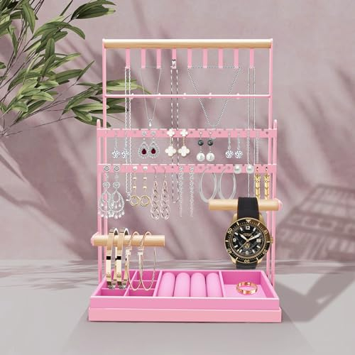 Portagioie, Porta Collane e Orecchini, Espositore gioielli, scatola di contenimento, Portagioie con base portaoggetti, Portacatene per collane, bracciali, orecchini a bottone e anelli, Rosa