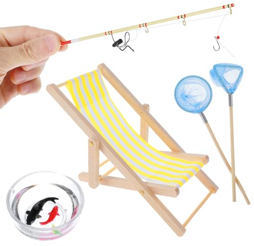 Cobee Miniatur Puppenhaus Strandstuhl,5 Stück 3 Stück 1:12 Holz Strandstuhl Puppenliegestuhl Angelrute Fischernetz Möbel Dekor Mini Garten Zubehör Party Favor für drinnen und draußen