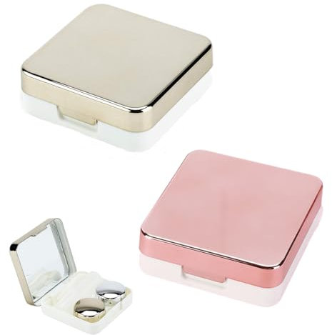 JEYORZY 2 Mini Custodia per Lenti a Contatto da Viaggio con Specchio e Contenitore per l'Immersione delle Lenti, L/R Cappucci, Rosa e Argento - Ideale per Viaggiare