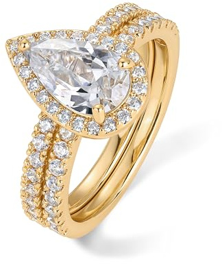 PAVOI 14K Yellow Gold Plated 1.7CT Pear Cubic Zirconia Eternity Engagement Ring Fake Wedding Bridal Promise Pack for Women - Hidden Halo Ring Set - Size 7