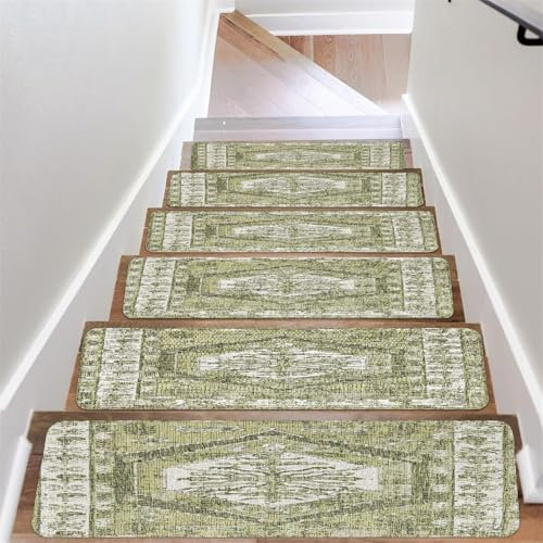 Odot Treppenstufen Matten, Retro Persisch Stufenmatten, Treppenteppich, Gummimatte Außenbereich, Stufenmatten Innen, 100% Polyester TPU -Rücken für Kinder, Älteste Haustiere (Grün,14pc)