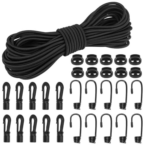 Corda di Gomma 5mm 15m Impermeabile e Resistente All'usura Corda Elastica di Espansione Nero con 10 Ganci a Spirale, 10 Ganci di Plastica, 10 Tappi di Corda per Teloni Tende Trasporto Campeggio Kayak