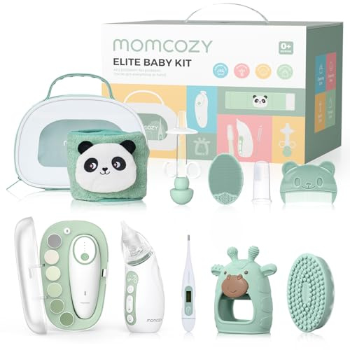 Momcozy Elite Kit Bebe, Neceser Bebe para Cuidado & Limpieza, Cosas para Bebes Recien Nacidos Incluye Electrico Lima Uñas & Aspirador Nasal, Cinturón de Vientre, Termometro, Cepillo Dientes y de Baño