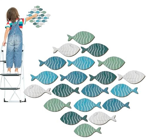 Sommer-Wanddekoration aus – niedliche Ozeane Themen-, nautische Wanddekoration, Fisch-Wandornamente, handgeschnitzte Holzschule von Fischen, Wandkunst, hängende Küstenfisch-Skulptur