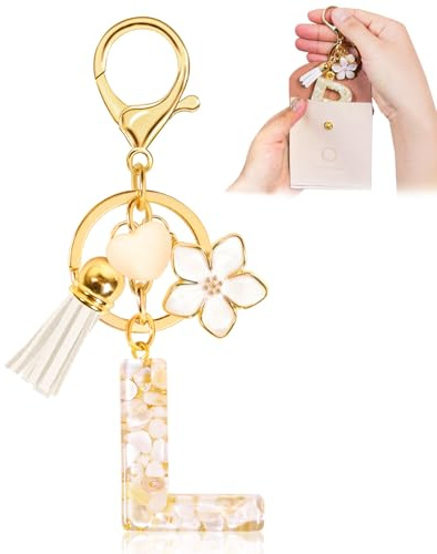 Porte-clés pour Fille Lettre, Porte-clés pour Femme avec Lettre Initiale, Alphabet Pendentif Initiale en Résine, Keyring avec Pendentif Amour et Pampille, Cadeau pour Femme (L, White)