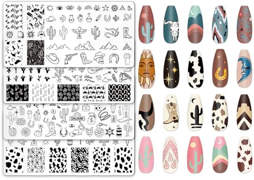 JarThenaAMCS 4Pcs Western Nail Plates Stamping Set Cowboy Cowgirl Stamp Templates Nail Art Plates for DIY Print Manicure Salon Design