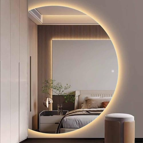 MJMLUCK Specchio da Bagno Oscurante antiappannamento, Specchio a Figura Intera a LED per Ingresso, Specchio a Mezzaluna da Parete, Specchio da Parete Senza Cornice infrangibile, Luce a 3 Colori (LAT