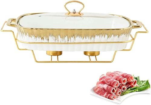 Ceramics Chafing Dish Buffet Set, Underglaze Rectangle Buffet s W/Glass Transparent Lid & Chafing Fuel Holder, Winter Food Warming,M