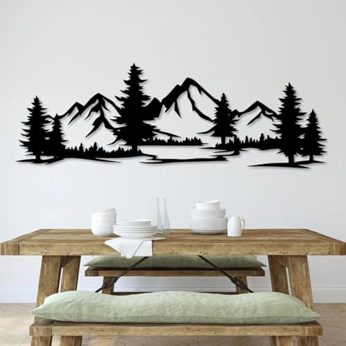 Eyoka 3D Wandbild Berge mit Wald | Stilvolle durchbrochene MDF Wanddekoration in Schwarz | Modernes Naturmotiv als Kunstobjekt für Wohnzimmer Schlafzimmer Büro oder Flur (67x23cm)