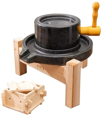 Natural Granite Stone Grain Mill - Hand Cranked, Wooden Frame, Tofu Mould, 304 Stainless Steel Shaft, Grinds Wheat Flour, Spices & Chillies, 22cm/8.7in