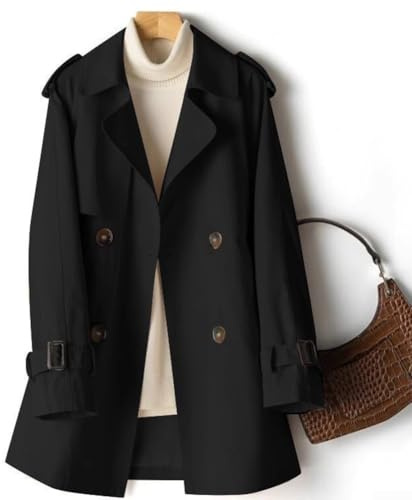 Giacca a vento autunnale di media lunghezza, da donna, con colletto con risvolto, maniche lunghe, in vita, stile coreano, trench coat (2XL nero)