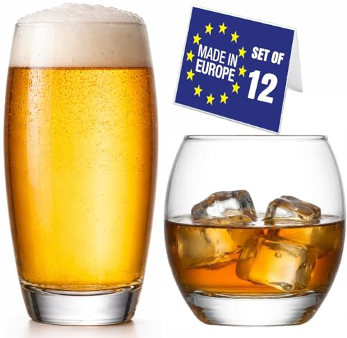 NORDIC SCHILLER 12 Stk Gläser Set, 510ml Longdrinkgläser 6er Set, 400ml Trinkgläser 6 Stk,%100 BLEI FREI Mojito, Caipirinha, Cocktailgläser, Wassergläser, Coktailgläser, Dessert Gläser