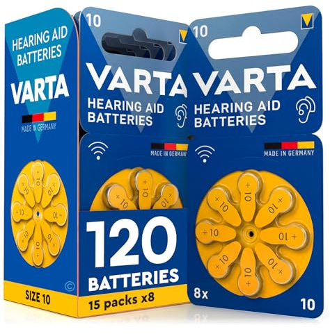 120 Batterie per Apparecchi Acustici Misura 10 Gialle PR70 VARTA Zinco Aria Tensione Stabile Lunga Durata a Prova di Perdite Compatibili con Tutti i Dispositivi Made in Germany – 15 Blister da 8 Pile