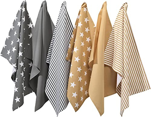 REDBEST Geschirrtücher, Küchentücher, Trockentücher 6er- Pack grau/beige Größe 50x70 cm - saugstark, strapazierfähig, Uni, Streifen, Sterne